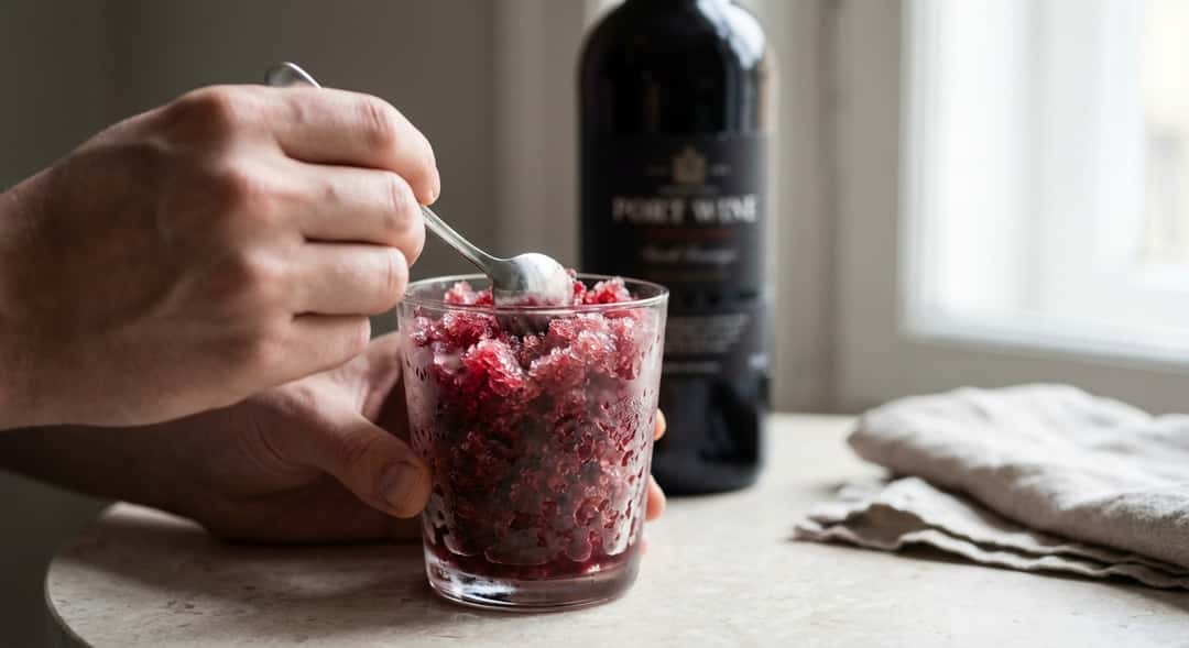 Nærbilde av halvfrossen portvin-granita i krystallglass, sollys reflekteres i iskrystallene