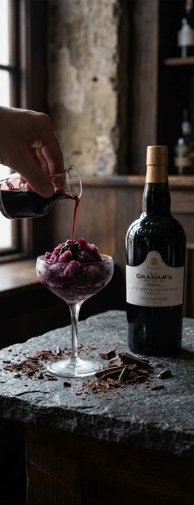 – Portvin-granita serveres i små cocktailglass på mørk steinhelle, sjokoladesmuler strødd rundt (Graham's Late Bottled V