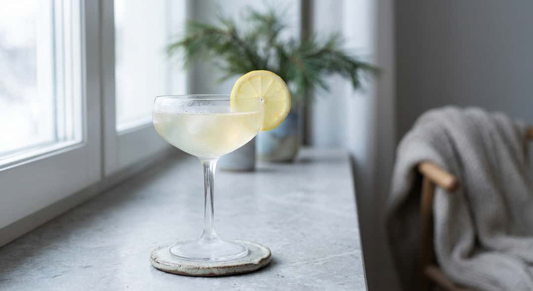 Sgroppino i champagnecoupe med dugget glass, sitronskive på kanten, vinterlys i bakgrunnen