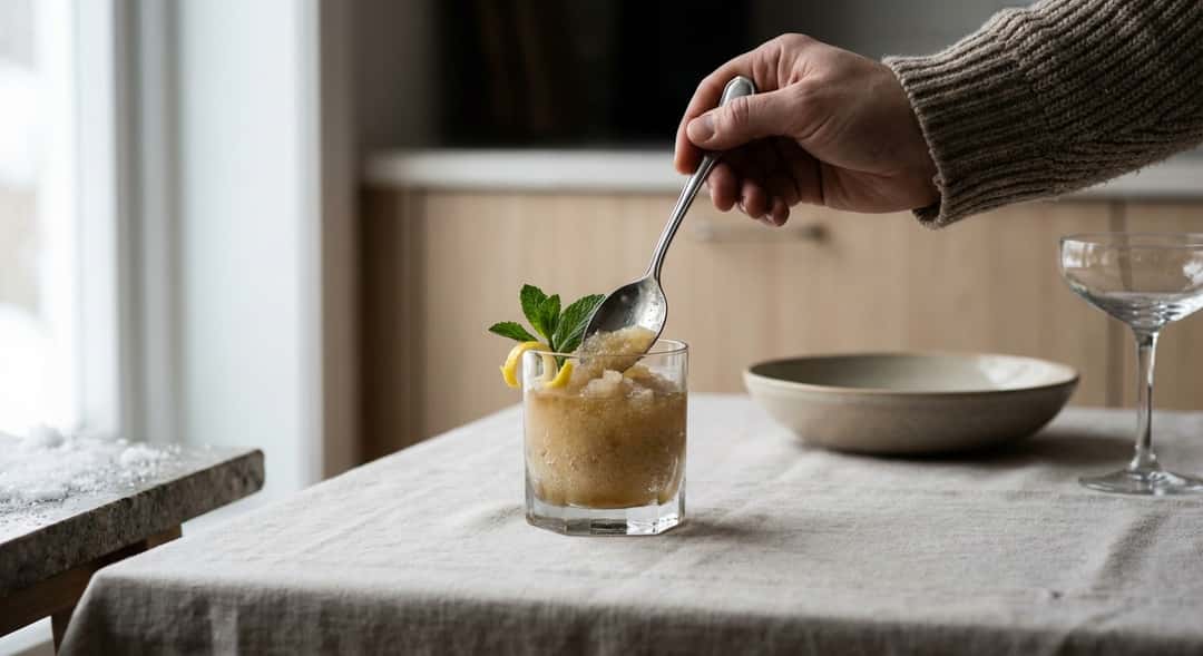– Hvit vermouth slush i bred skål, myntekvast på toppen, snøkrystaller på bordkanten (Martini Extra Dry)