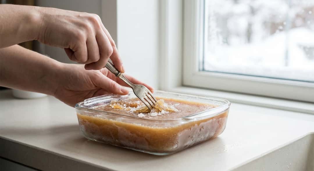 Hender som skraper frossen drikk med gaffel i firkantet glass-form, krystaller synlige i teksturen