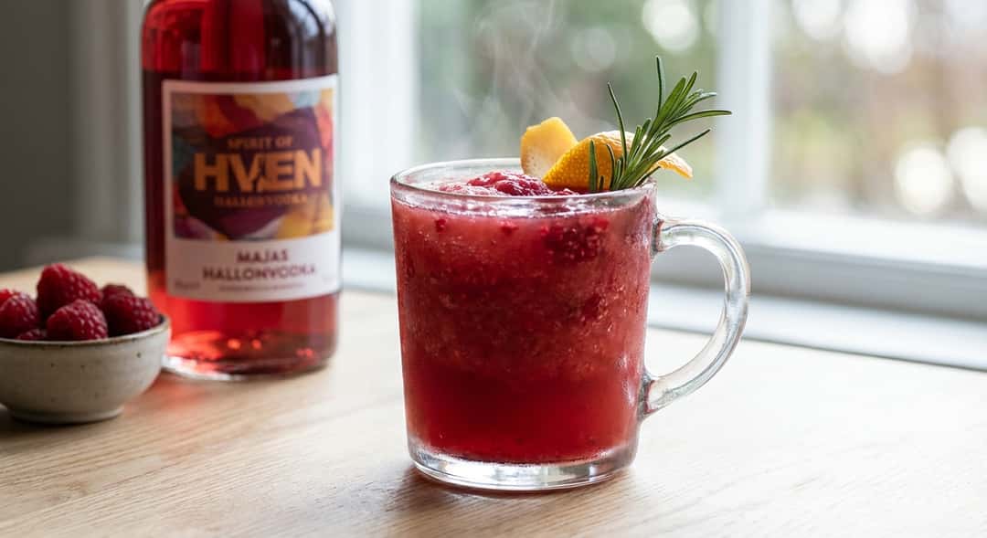 - Valmis hallonslush toddy lasimukissa, slushy pinta punaisine paloineen, nouseva höyry ja sitrusten kuori reunalla (Spirit