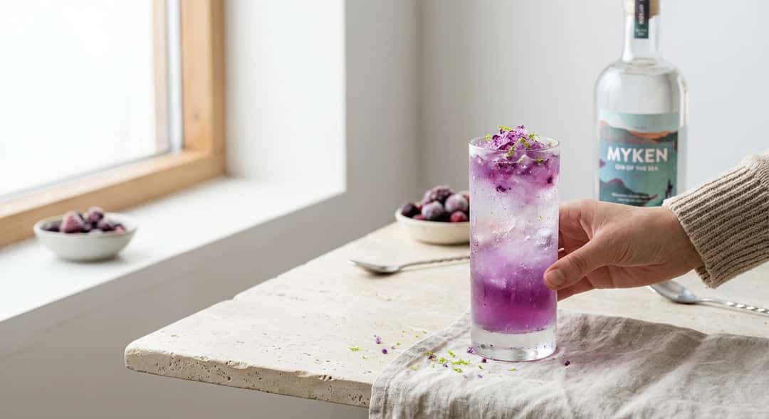 - Slushy gin & tonic korkeassa lasissa, violetit marjakiteet kelluvat, limen kuorta ripoteltuna päälle (Myken Gin Of The Sea Arctic Isla