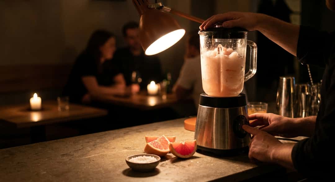 Blender full av rosa frossen Paloma-masse med grapefruktbiter ved siden, solrikt kjøkken i bakgrunnen