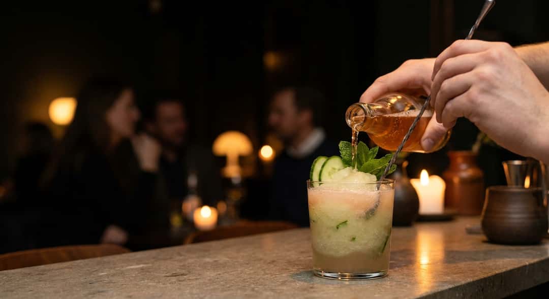Grønn-rosa alkoholfri Frozen Paloma med agurk og mynte i klart glass, hvit bakgrunn og sommerlys