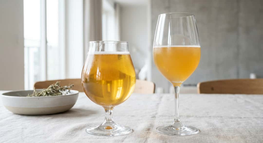 Olut kaadettuna tulppaanilasiin, täydellinen vaahtohattu, sivuvalaistus korostaa oluen kultaista väriä (Kinn Brottsjø Dobbel)