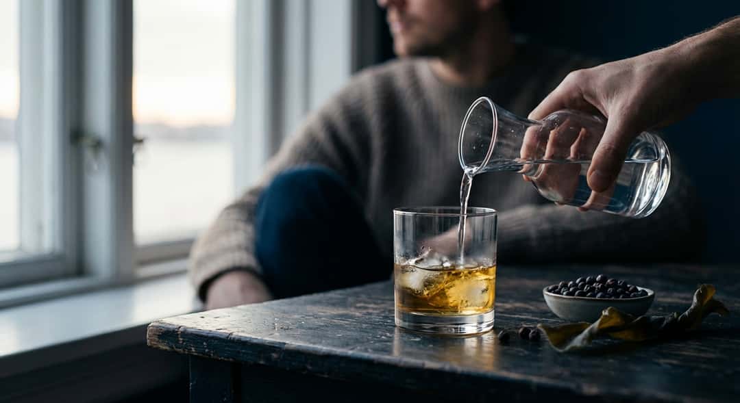 Tumbler jäällä ja kultaisella viskillä, vettä lisätään hitaasti, rustiikkinen puupöytä pehmeässä iltavalossa