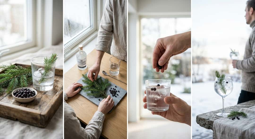 Fresh spruce needles and juniper berries on a rustic wooden tray, warm daylight from a window