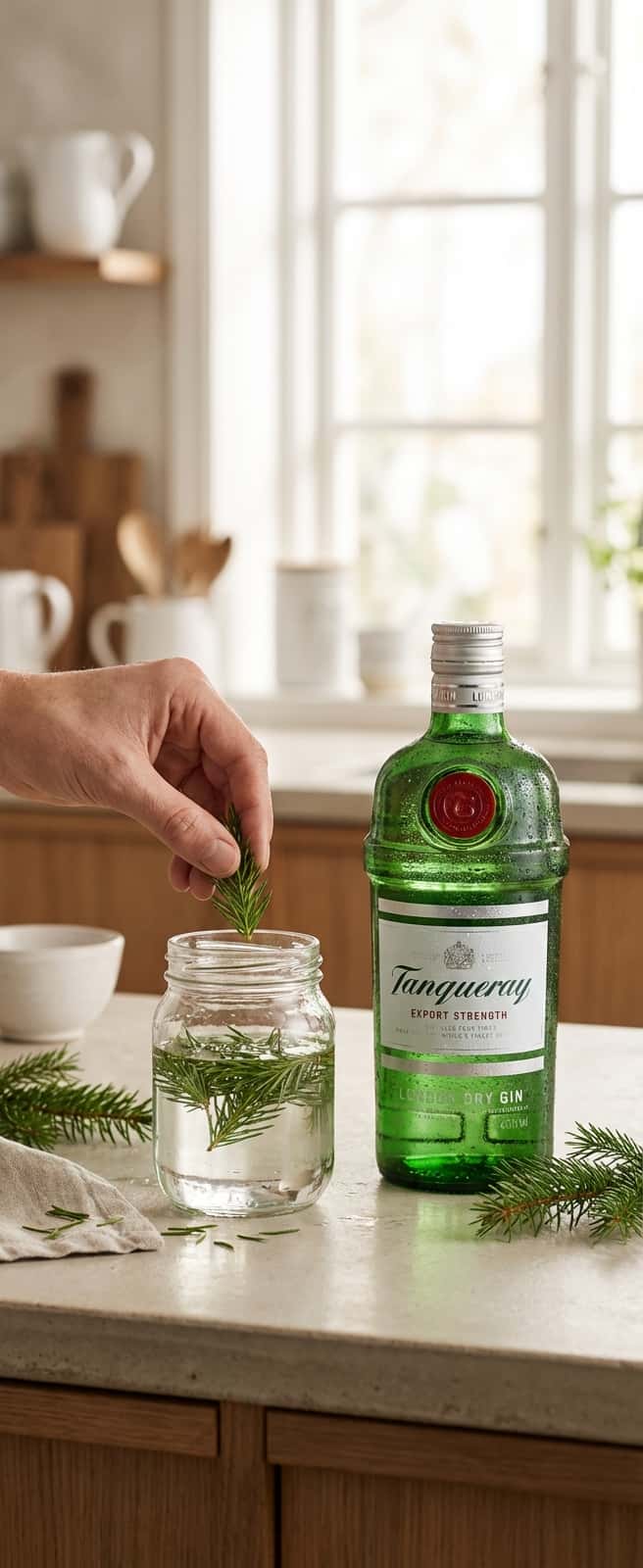 on a kitchen counter with fresh spruce needles and a glass jar (Tanqueray London Dry Gin)