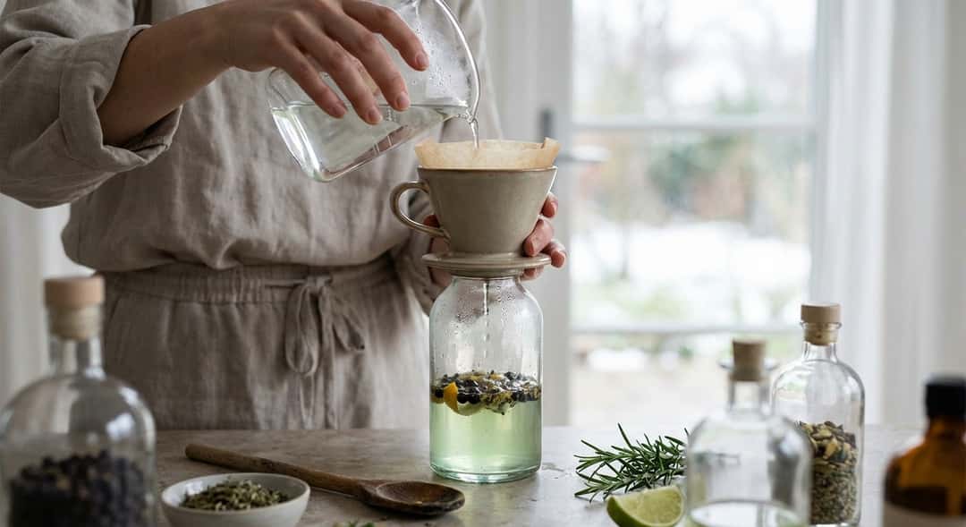 Close-up of gin being strained through a coffee filter into a glass bottle, greenish color