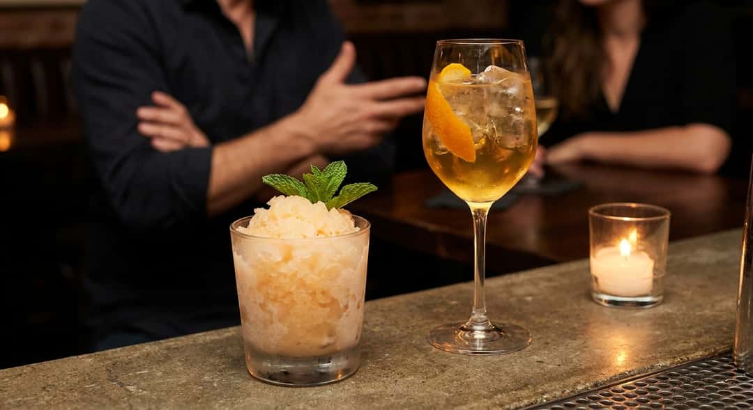 Närbild av en granita av honungsmelon i ett frostat glas med färska myntablad och isskrapa på sidan, starkt dagsljus