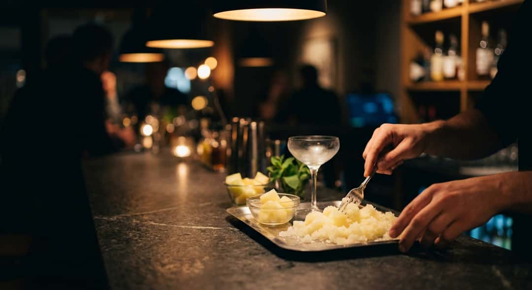 Ovanifrånbild av granita-processen – en metallform med ljusgul fryst melonblandning och en gaffel som skrapar iskristaller