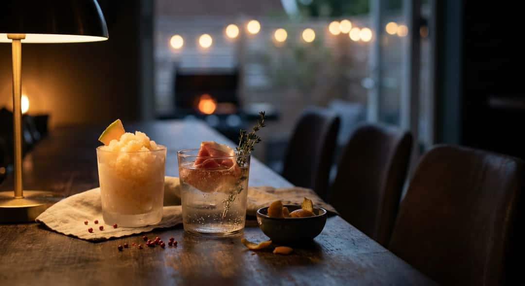 Två glas sida vid sida på ett utomhusbord av trä – granita i frostat glas och prosciutto-spritz med bubblor, sommarljus i bakgrunden