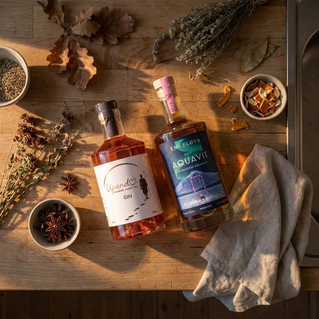 Kaksi väkevien alkoholijuomien pulloa, Engeløya Juleaquavit ja Upendo Gin, kuvattuna ylhäältä puisella penkillä kuivattujen lehtien ja mausteiden kanssa.