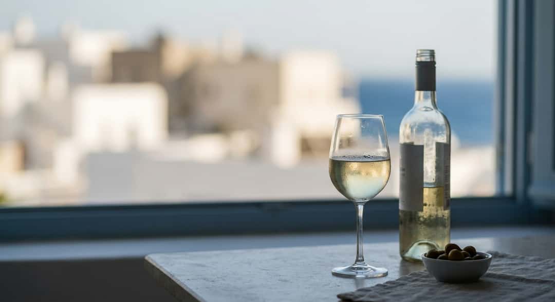 Bird's-eye view of vineyards on Santorini with whitewashed houses in the background and the glittering Aegean Sea