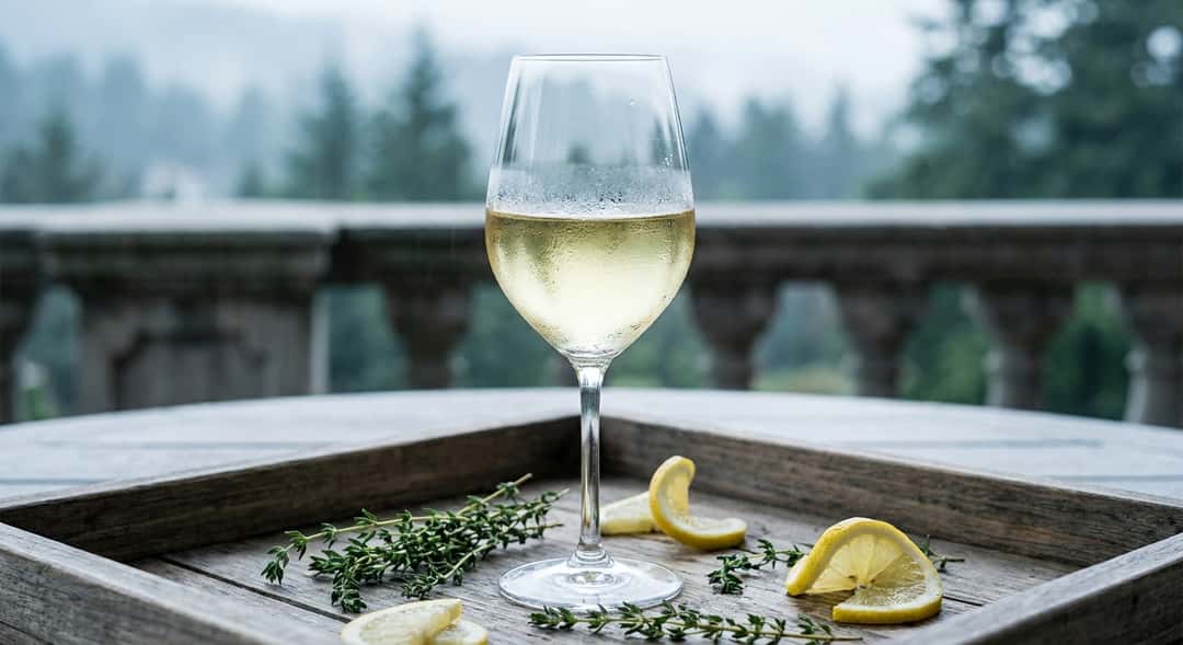 Close-up of a white wine glass filled with pale yellow wine, surrounded by fresh herb sprigs and lemon slices on a wooden board outdoors