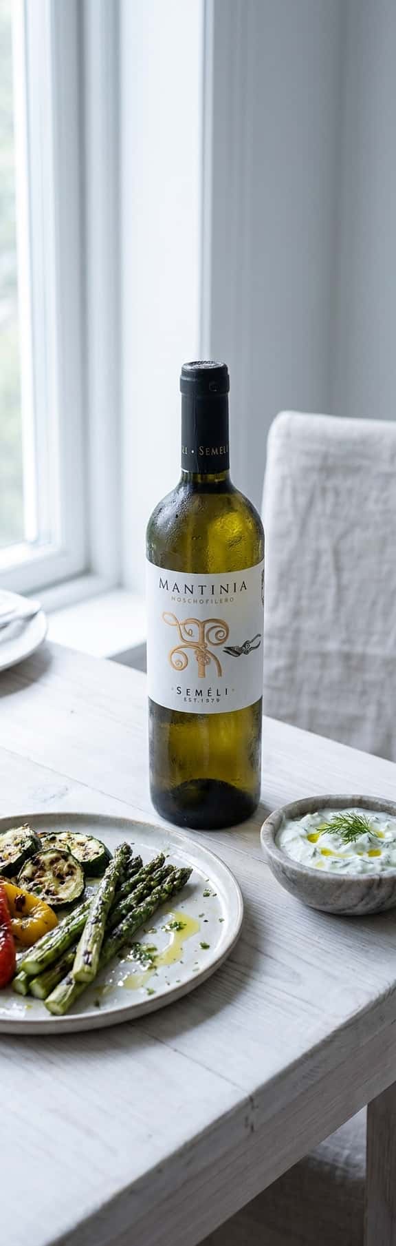 A bottle of Seméli Mantinia Moschofilero 2024 on a white wooden table next to grilled vegetables and a bowl of tzatziki