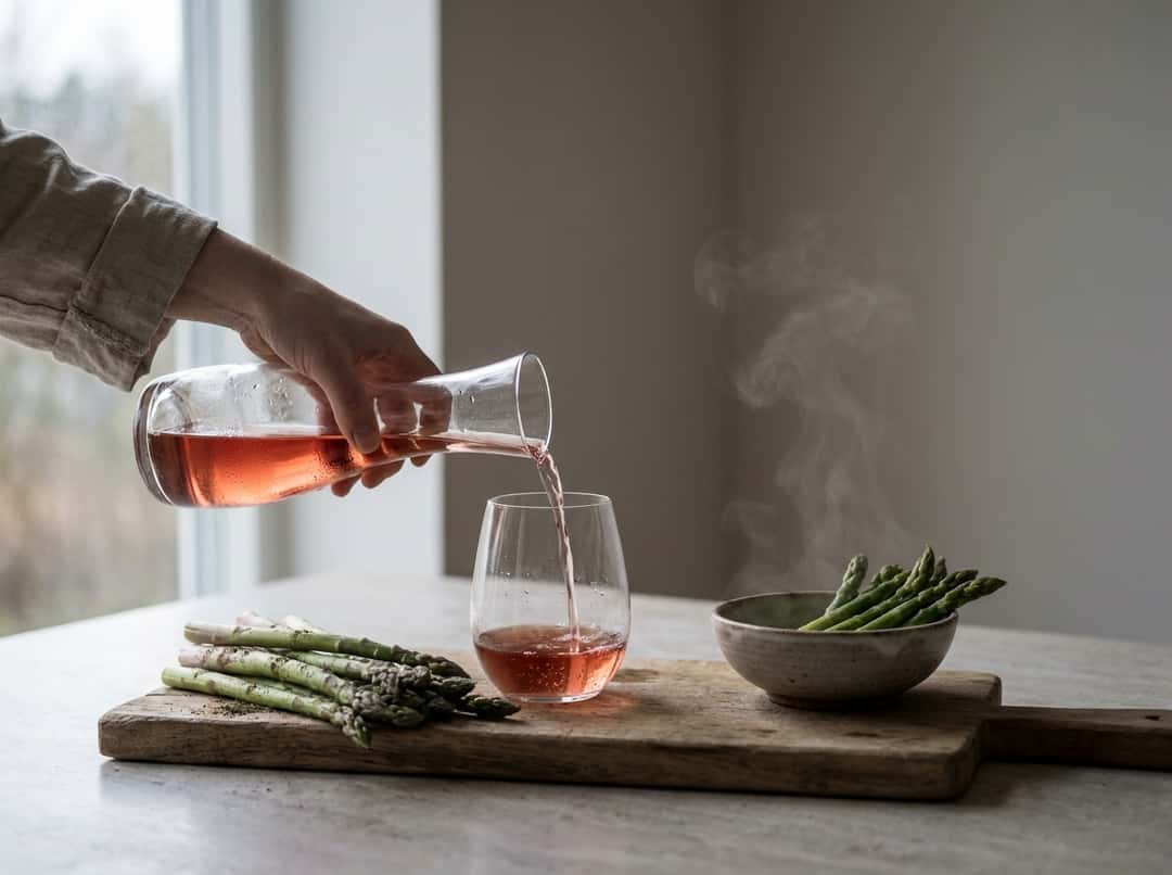 Fresh green asparagus on a wooden board, steaming beside a glass of light red wine in evening light