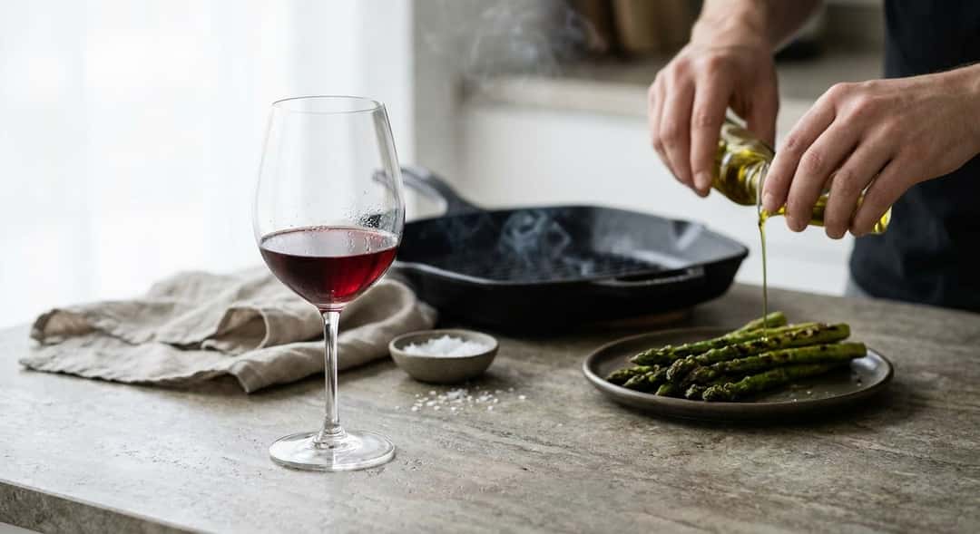 Green asparagus on a hot grill rack, lightly charred with smoke and glistening with olive oil