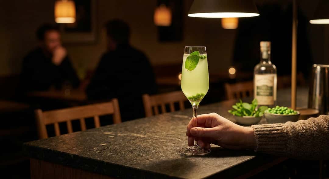 Ferdig grønn cocktail i champagneglass med mynteblad og ferske erter som garnityr, naturlig dagslys på terrasse, (Atlung