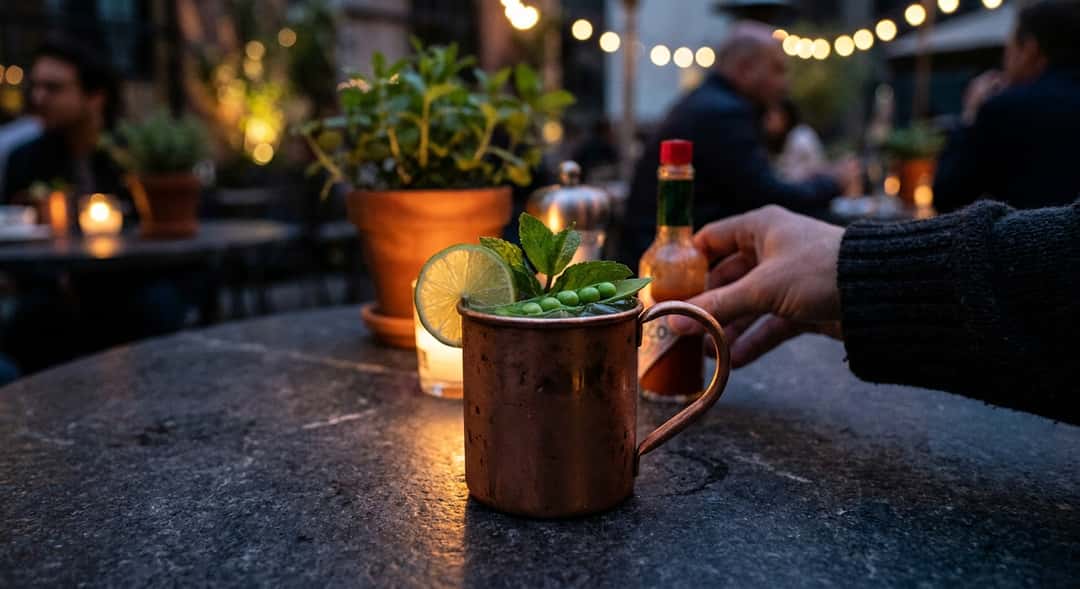 Copper mug med grønn Mule-cocktail, limeskive og myntekvast, utendørs terrasse-stemning med kveldslys og grønt i bakgrun