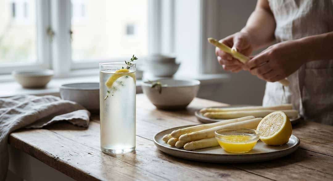 White asparagus spears arranged on a wooden board with butter and lemon, natural daylight from a kitchen window