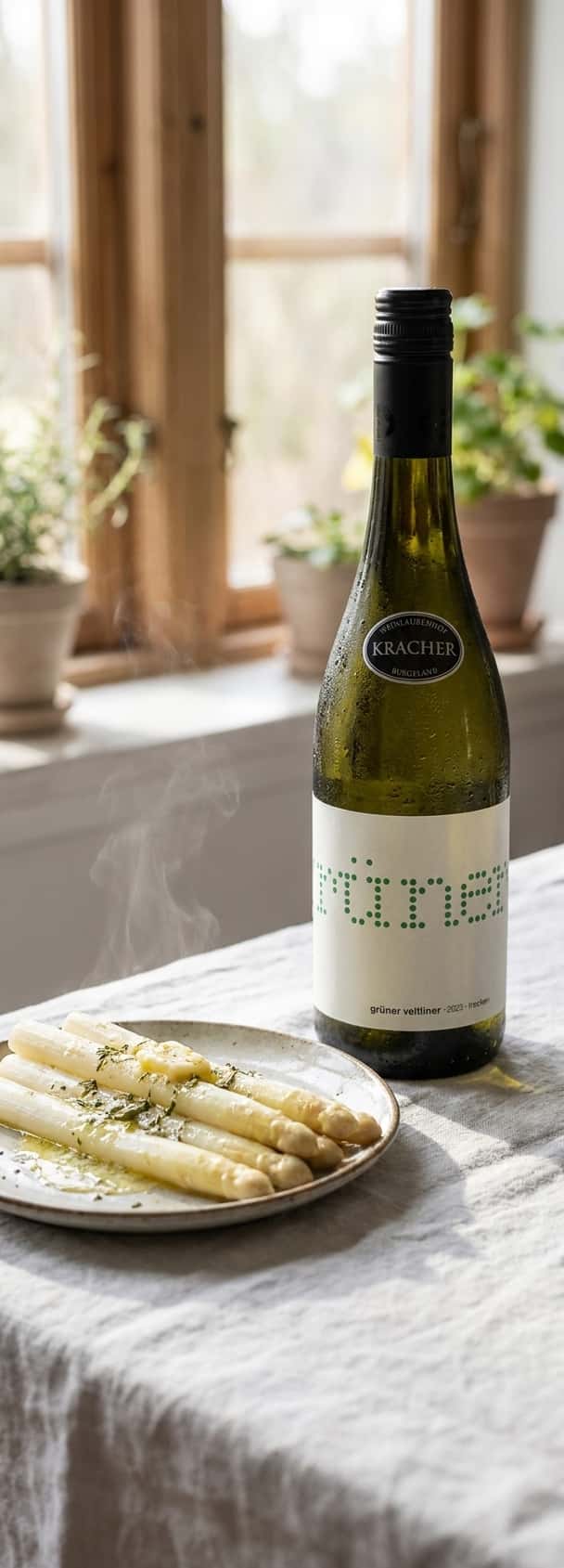 A bottle of Kracher Grüner Veltliner 2023 on a white tablecloth beside a plate of steaming white asparagus