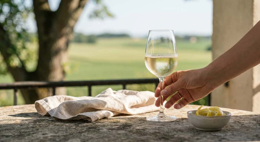 A glass of pale white wine in sunlight at an outdoor table with a view of green fields, spring atmosphere