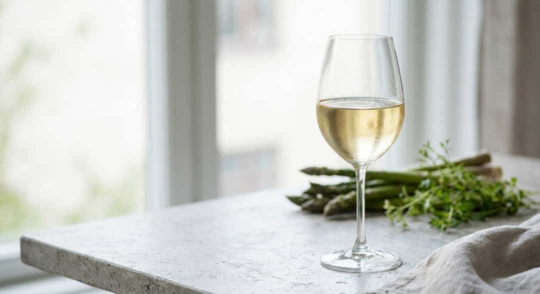 Close-up of a white wine glass with a pale golden colour, condensation on the outside of the glass, spring greenery in the background