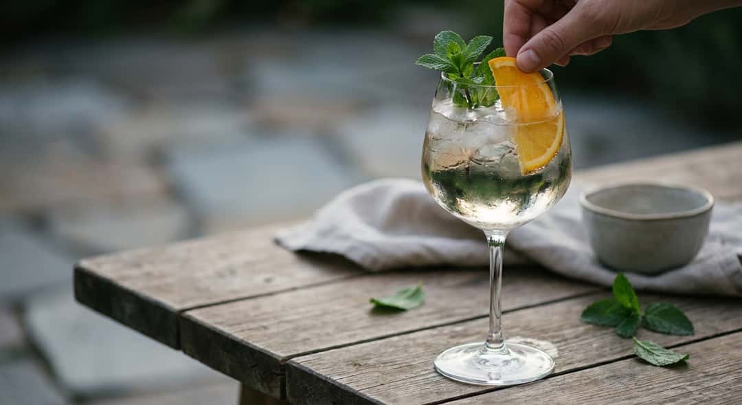 Ferdig Porto Tonic i et elegant stort glass med is, appelsinskive og mynte, servert på et trebord utendørs i sommerkveld