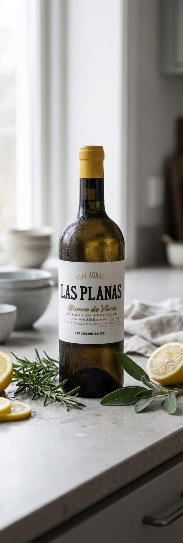 – bottle on a kitchen counter with green herbs and citrus around it (Real Agrado Las Planas Blanco de Viura 2018)
