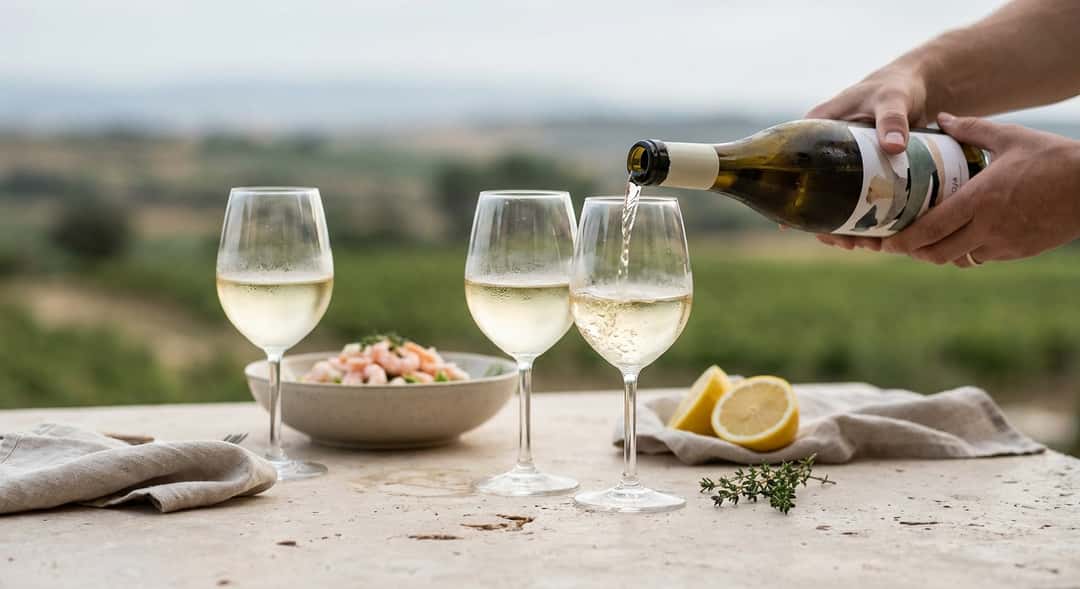 Two glasses of white Rioja on a set outdoor table, prawn salad in the background, summer evening light