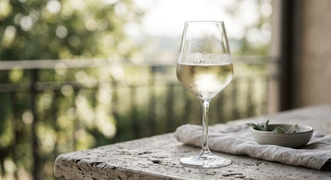 Close-up of a glass of pale white wine outdoors, bokeh background with greenery and sunshine