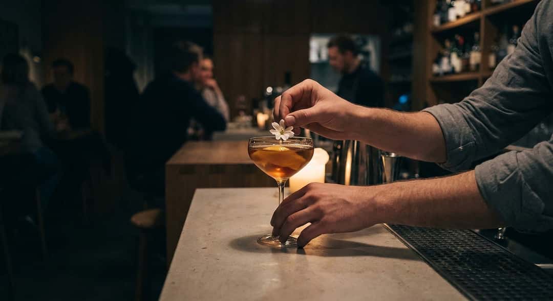Tre elegante mocktails i ulike glass på et hvitt trebord, dekorert med friske vårblomster og sitrusringer, naturlig dags