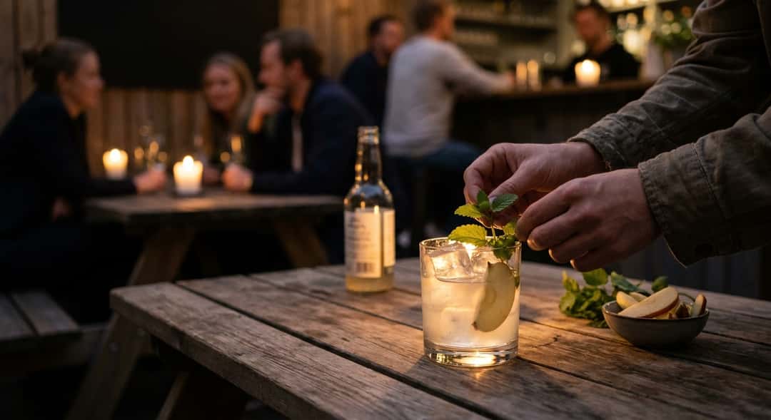 Sitronmelisse og hvit te mocktail i et rocks-glass med is, en epleskive og frisk sitronmelisse, rustikt trebord utendørs