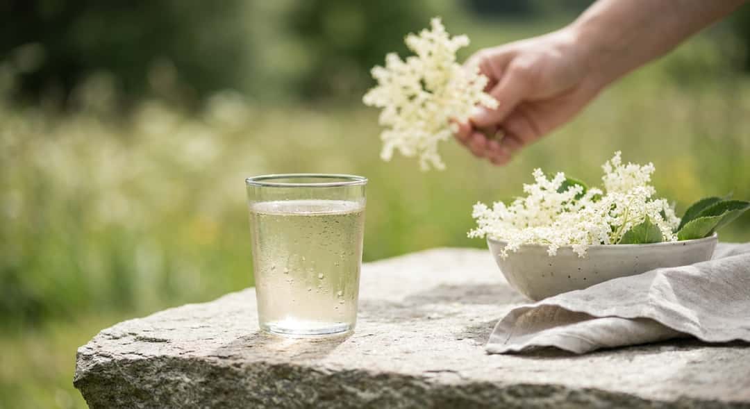 Käsi poimii seljanblomakimppuja seljanpensaasta aamuvalossa, vihreä ja rehevä pohjoismainen luonto taustalla