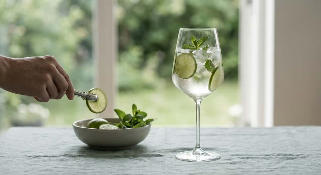 Hugo-cocktail isossa viinilasissa jään, minttun ja limeviipaleiden kera, vihreä puutarha taustalla, rento kesäatmosfääri