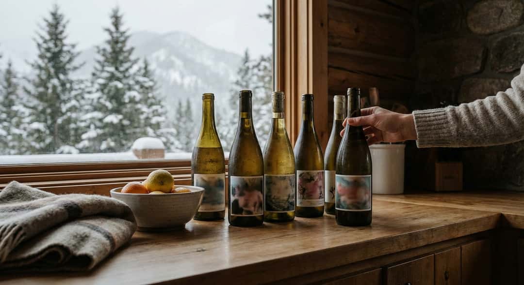 Sex vinflaskor uppställda på en rustik stugköksbänk med berg och snö synligt genom fönstret i bakgrunden