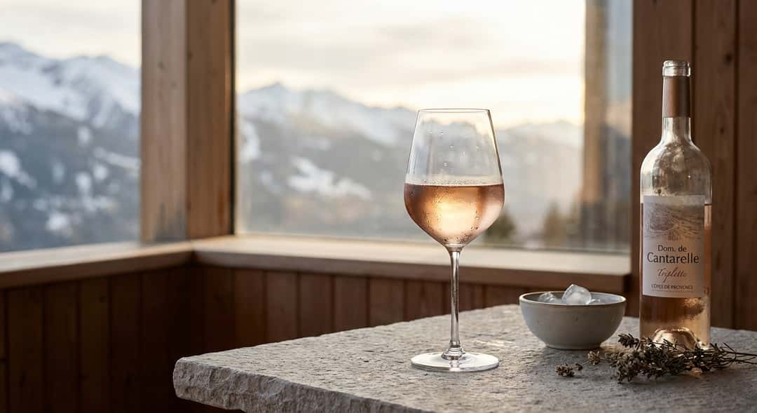 Ett glas ljus rosé mot en bakgrund av snötäckta berg och påsksol, (Dom