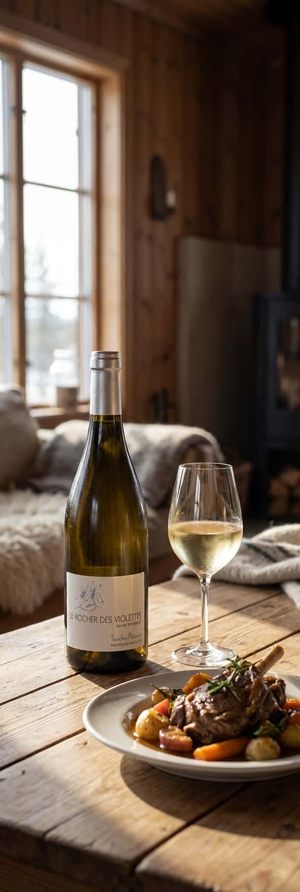 Ett glas vitvin på ett rustikt träbord med en tallrik lammkött och grönsaker, stuginteriör i bakgrunden, (Le Roche