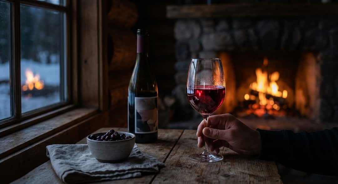 Ett glas mörkt rubinrött Beaujolais mot ett braskamins-fönster på en mörk stugkväll, (Foillard Morgon Cuvée Corcelette 202