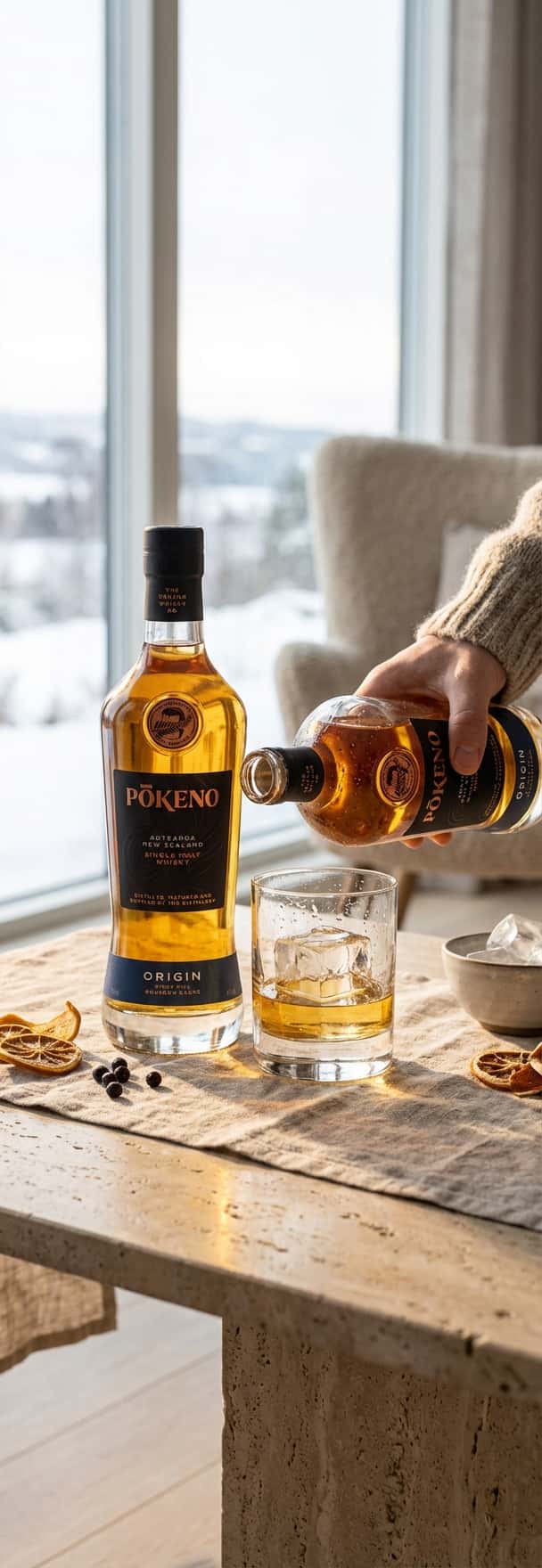 – en flaske Pokeno Origin Single Malt Whisky ved siden av et glass med én stor, klar isbit