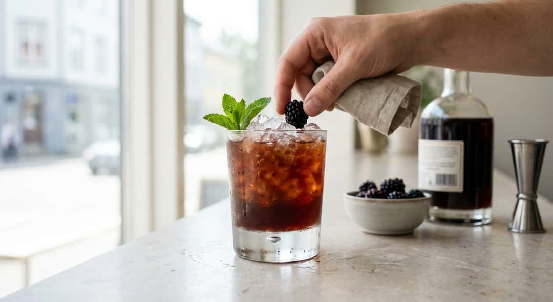 Cocktailglass fylt med knust is, frisk mynte og mørk væske, damp og frost på utsiden av glasset