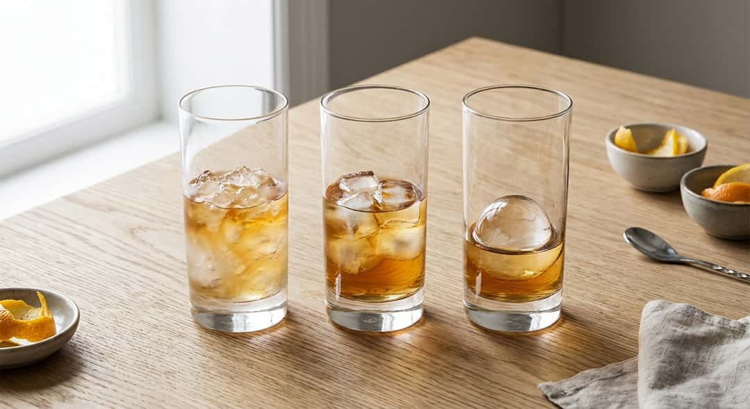 Tre identiske highball-glass på rad, med ulike istyper, fotografert ovenfra med naturlig lys