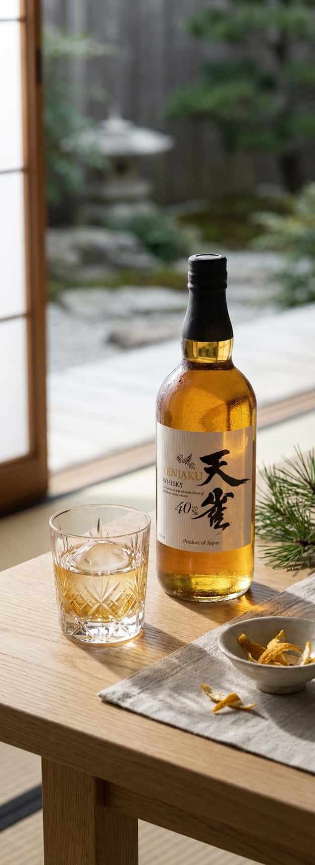 – flaske Tenjaku Blended Whisky ved siden av et tradisjonelt japansk glass med stor isbit og stille, minimalistisk setti