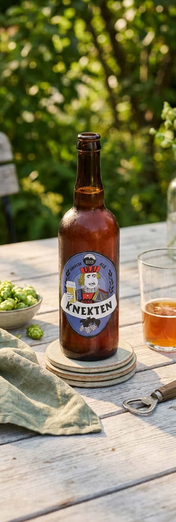 En flaske Kinn Knekten på et sommerbord ute, grønt i bakgrunnen, varmt ettermiddagslys