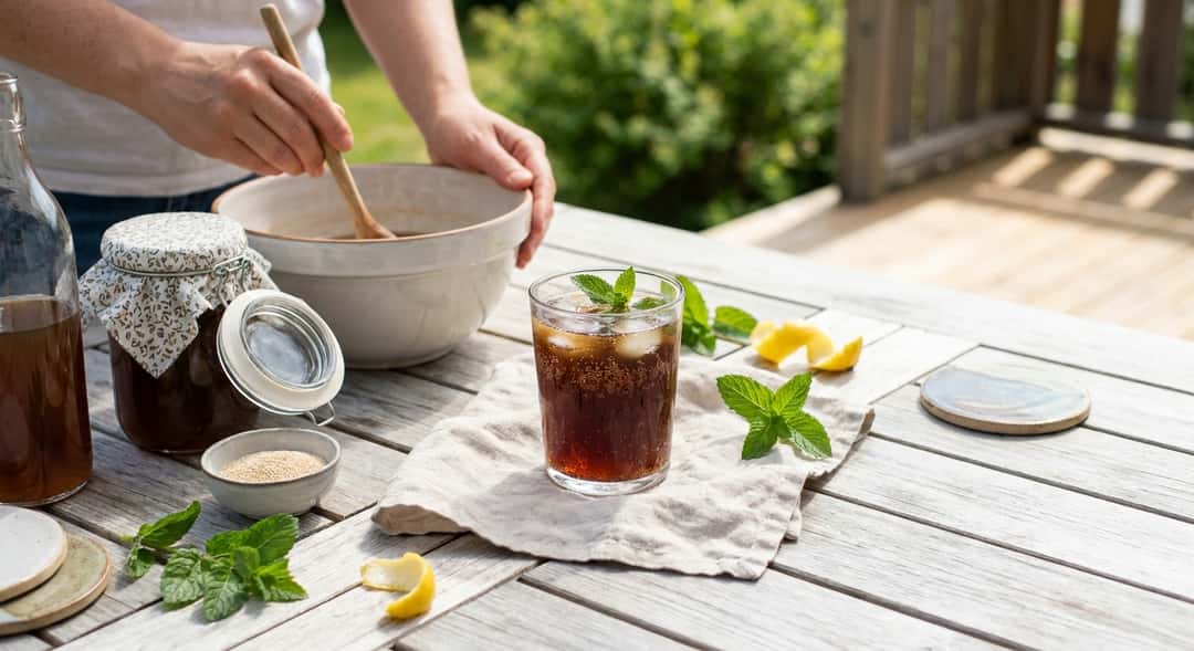 Et hjemmelaget glass kvass med isbiter og mynteblader servert utendørs på en solfylt norsk sommeterrasse