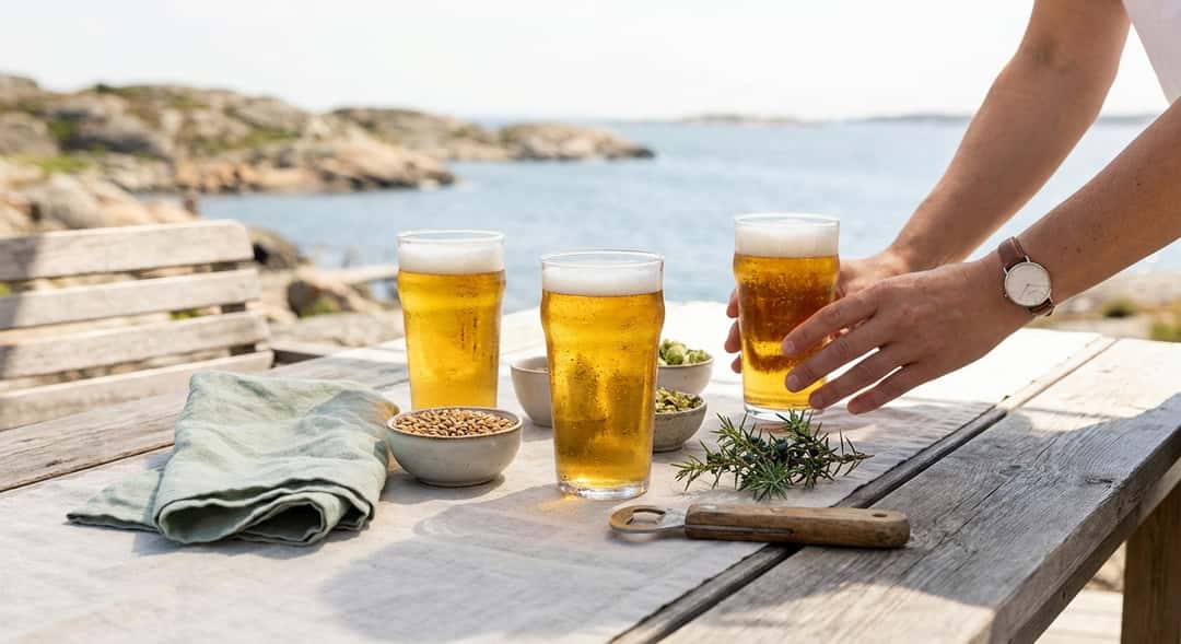 Kolme jääkylmää lagerolutta pintapintaisissa laseissa kondenssivesipisaroineen, aurinko terassilla meren rannalla