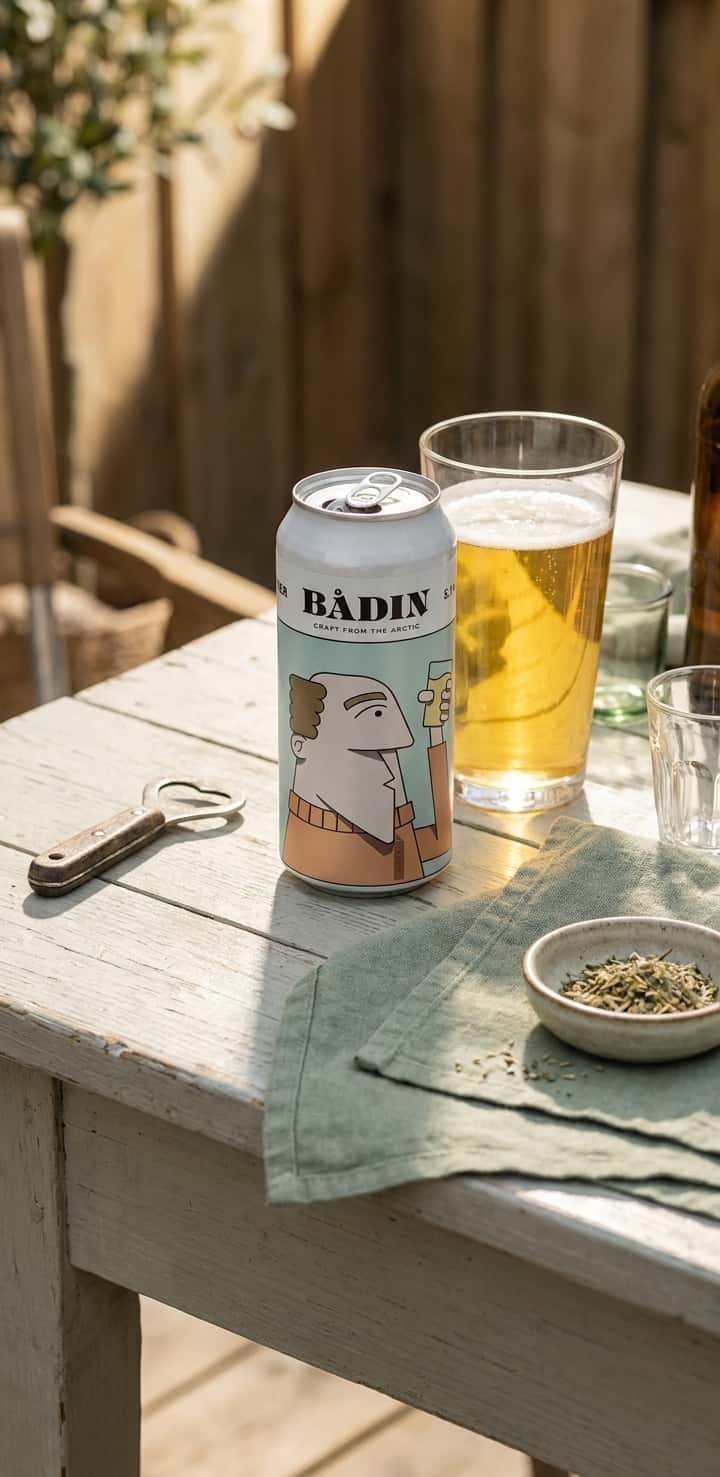 Bådin Pilsner -pullo ulkona puupöydällä aurinko taustalla