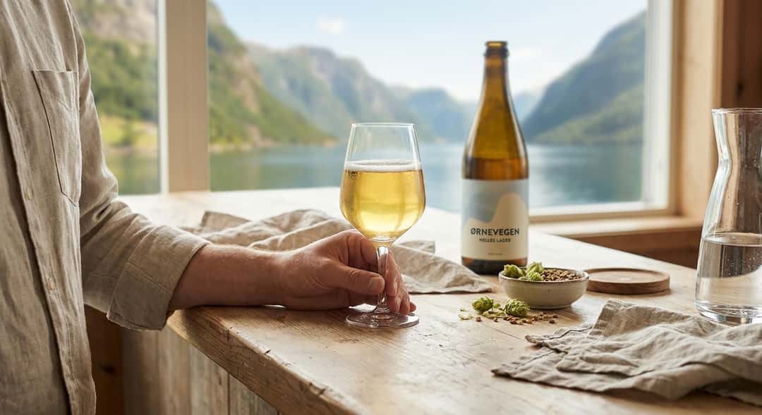 Käsi pitää lasia vaaleaa helles-olutta norjalaisen vuonon panoraaman edessä auringonpaisteessa (Geiranger Bryggeri Ørnevegen Helles)